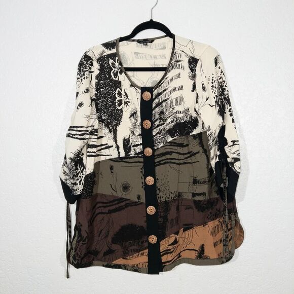 John Mark Cream & Black Color Block Abstract Button‎ Blouse Size Medium - Picture 1 of 6